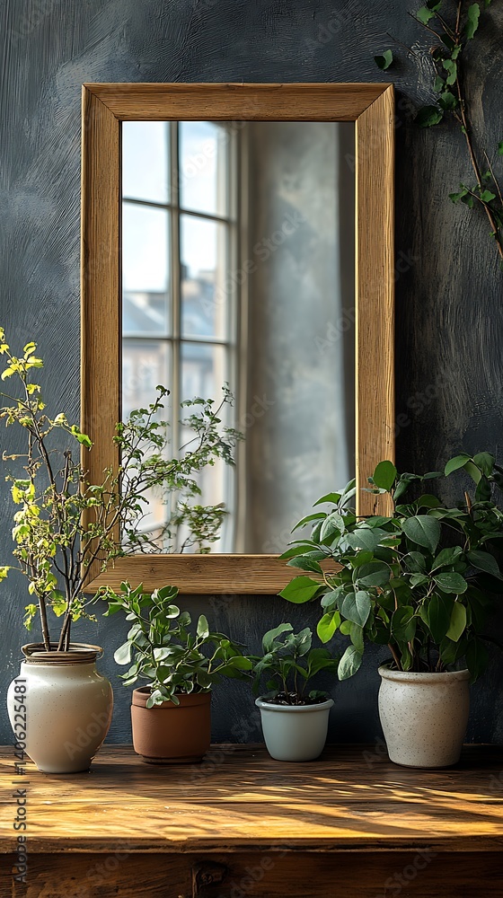 Rustic Wooden Framed Mirror Reflecting Light, Displayed with Potted Plants Against a Textured Wall for Home Decor Inspiration.