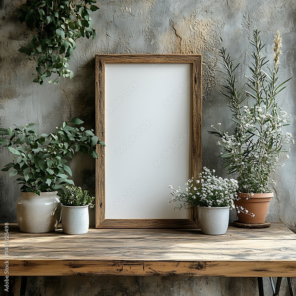 Rustic Wooden Frame Mockup with Plants on Wooden Table Against Textured Wall, Blank White Space for Art Display.