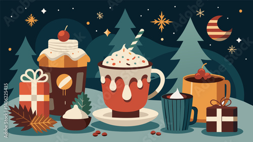 A cozy winter evening with a vintagestyle hot cocoa bar featuring antique mugs and an array of toppings.. Vector illustration