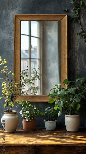 Obraz na płótnie Rustic Wooden Framed Mirror Reflecting Light, Displayed with Potted Plants Against a Textured Wall for Home Decor Inspiration. w salonie