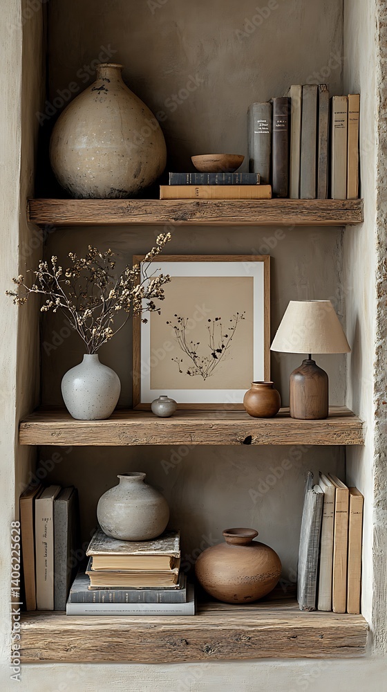 Rustic Wooden Shelves Decor, Featuring Vases, Books, Lamp, and Botanical Art in a Neutral Color Palette.
