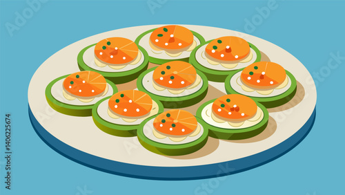 A platter of delicate cucumber rounds topped with smoked salmon dill cream cheese and capers.. Vector illustration