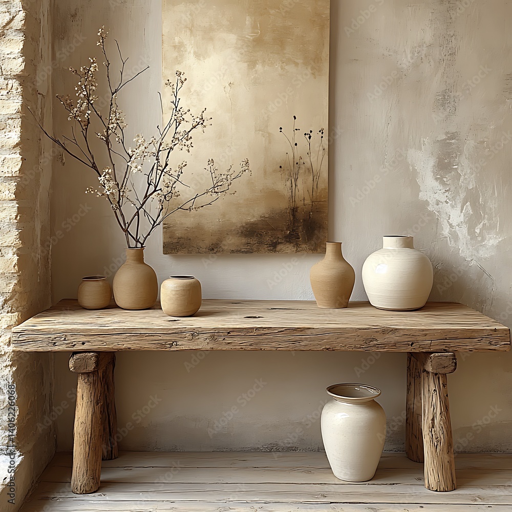Rustic Wooden Tabletop Decor: Neutral Vases, Minimalist Artwork, and Blossom Branches Accentuating a Simple, Earthy Interior Design.