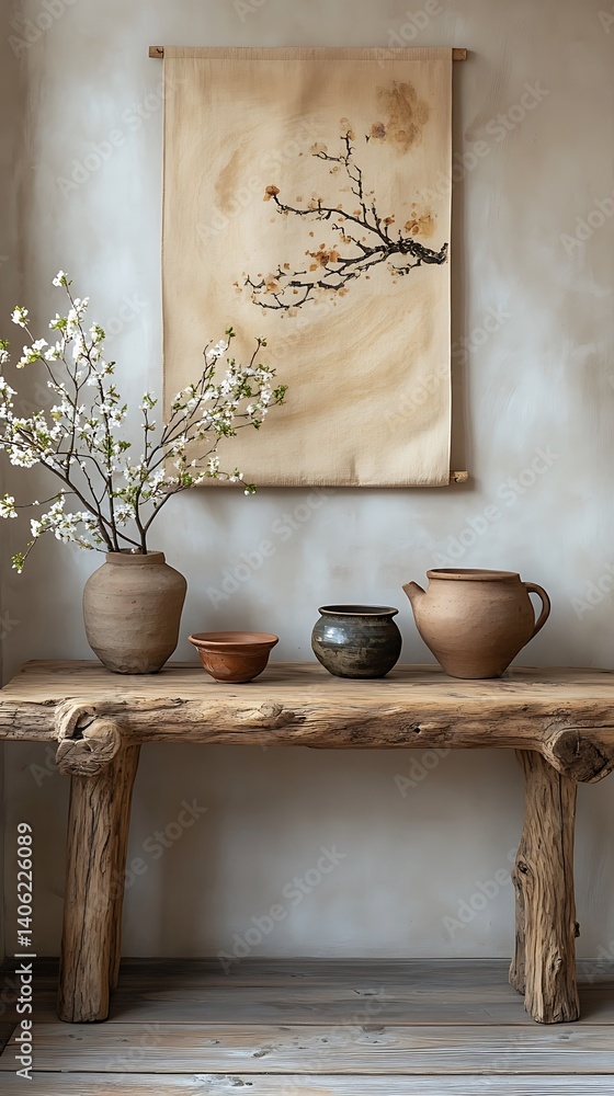 Rustic Wooden Table with Pottery and Floral Display in a Minimalist Setting, Perfect for Interior Design Inspiration.