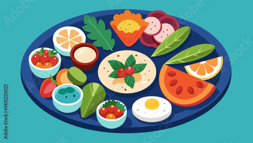 A healthy and flavorful option this mezze platter offers a selection of colorful crudites herbinfused feta cheese and homemade spinach and feta pies.. Vector illustration
