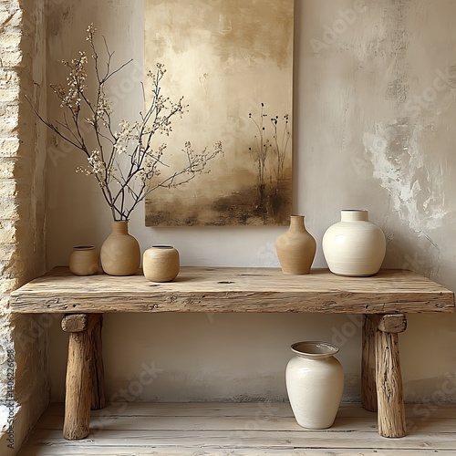 Obraz na płótnie Rustic Wooden Tabletop Decor: Neutral Vases, Minimalist Artwork, and Blossom Branches Accentuating a Simple, Earthy Interior Design. w salonie