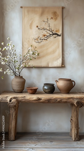 Obraz na płótnie Rustic Wooden Table with Pottery and Floral Display in a Minimalist Setting, Perfect for Interior Design Inspiration. w salonie
