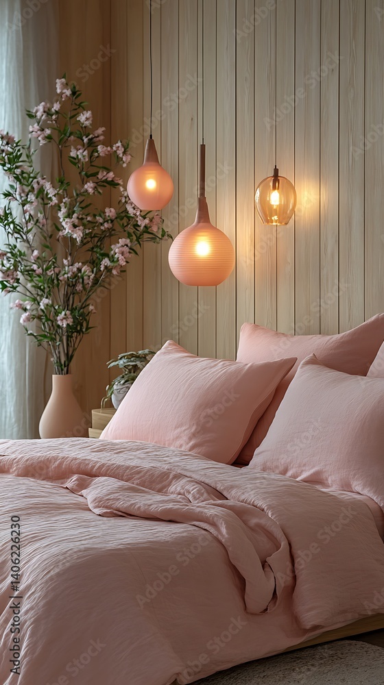 Serene bedroom interior featuring a comfortable pink bed, decorative lighting, and a blossoming floral arrangement, perfect for relaxation.