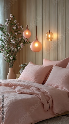 Obraz na płótnie Serene bedroom interior featuring a comfortable pink bed, decorative lighting, and a blossoming floral arrangement, perfect for relaxation. w salonie