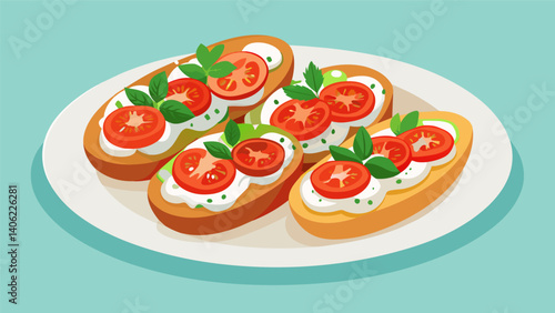 A platter of homemade crostini topped with creamy spreads of freshlypicked herbs flavorful tomatoes and crisp cucumbers straight from the farm.. Vector illustration