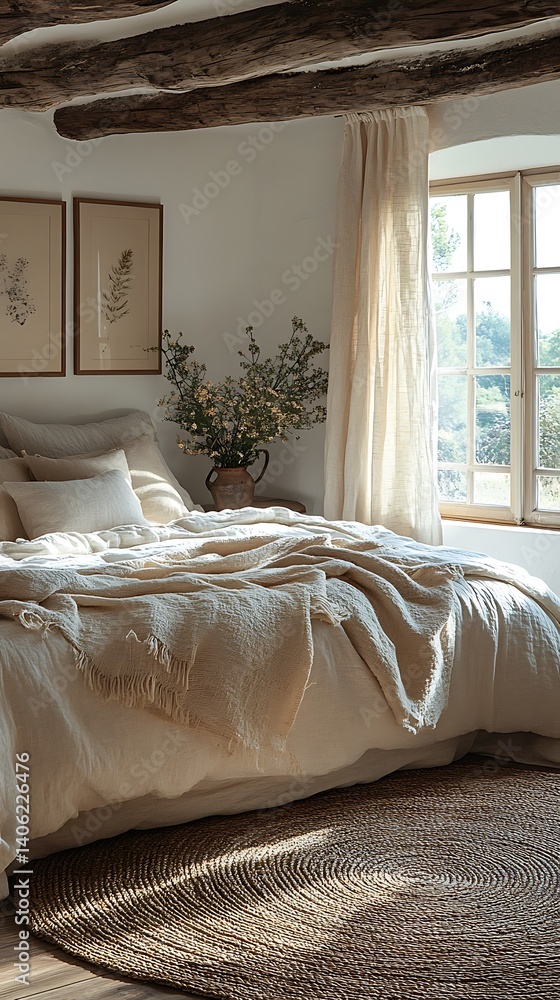 Serene bedroom interior featuring soft, neutral tones, natural light, cozy bedding, wooden beams, and minimalist floral artwork for tranquil living.