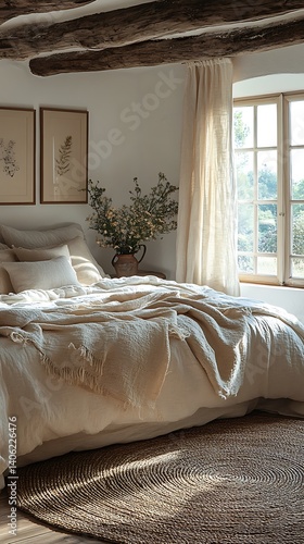 Obraz na płótnie Serene bedroom interior featuring soft, neutral tones, natural light, cozy bedding, wooden beams, and minimalist floral artwork for tranquil living. w salonie