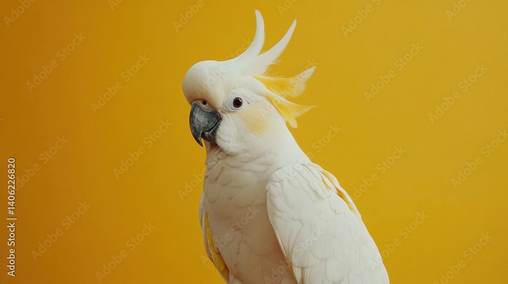 White cockatoo with yellow crest perched in a calm studio setting showcasing its elegant features and vibrant coloration in natural light White cockatoo with yellow crest perched in a calm studio setting showcasing its elegant features and vibrant coloration in natural light