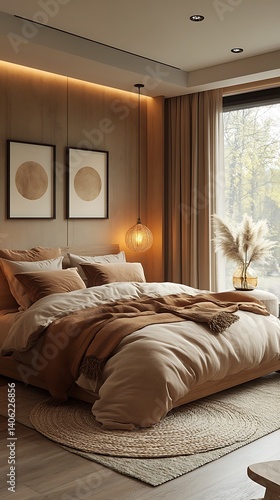Obraz na płótnie Serene bedroom interior with natural light, textured walls, cozy textiles, decorative art, and comfortable furniture for a relaxing space. w salonie