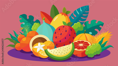 A melange of exotic fruits from distant continents brought together to create a colorful and delicious masterpiece.. Vector illustration