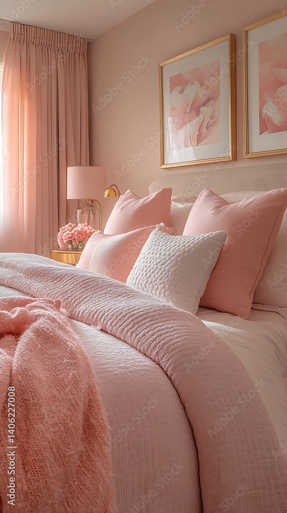 Serene bedroom interior with soft pink hues, inviting bedding, elegant lamps, and cozy textures for relaxation and peaceful ambiance.