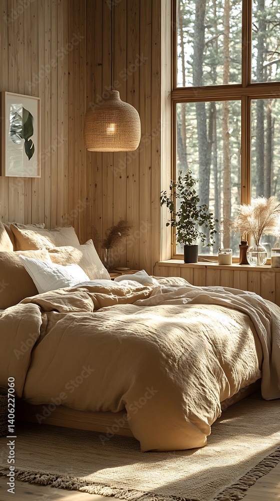 Serene Bedroom Interior with Rustic Wood Accents, Natural Light, and Neutral Tones for Relaxing Atmosphere.