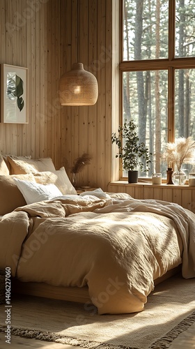 Obraz na płótnie Serene Bedroom Interior with Rustic Wood Accents, Natural Light, and Neutral Tones for Relaxing Atmosphere. w salonie