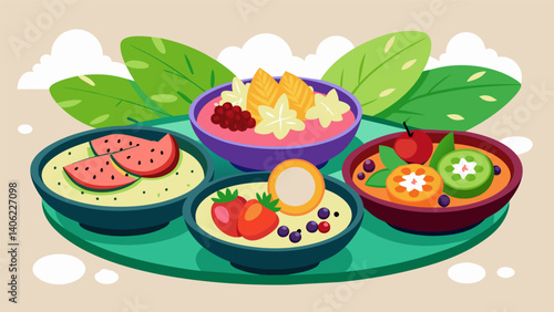 A colorful array of smoothie bowls arranged on a vintage tray garnished with fresh fruits and nuts creating a vibrant and healthy afternoon snack.. Vector illustration
