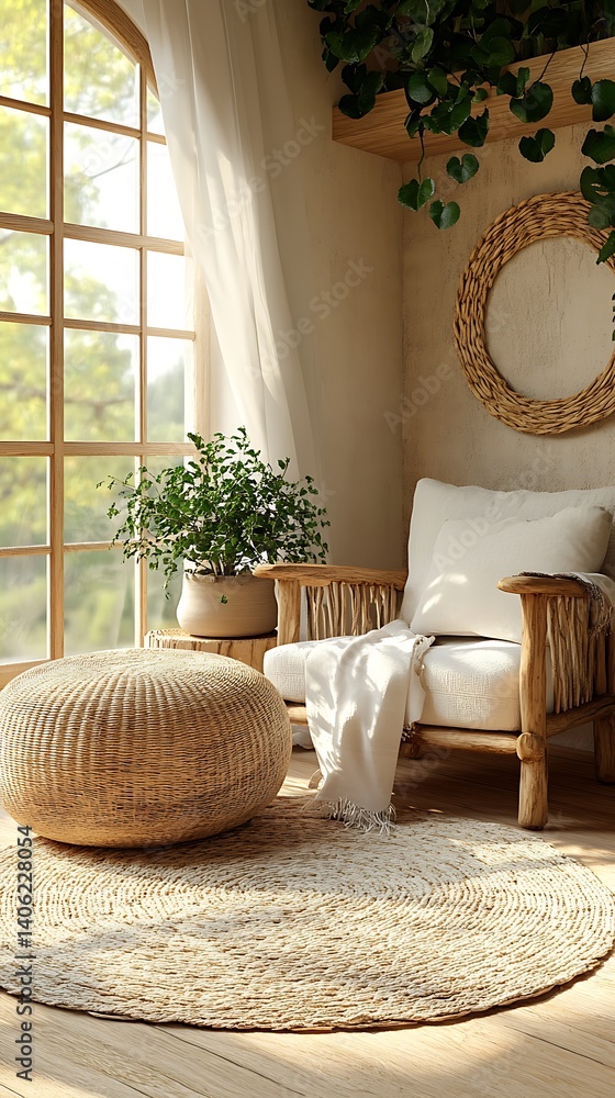 Serene Home Interior Featuring Natural Light, Wooden Accents, Woven Textures, Relaxing Seating, and Lush Green Plants by a Large Window.