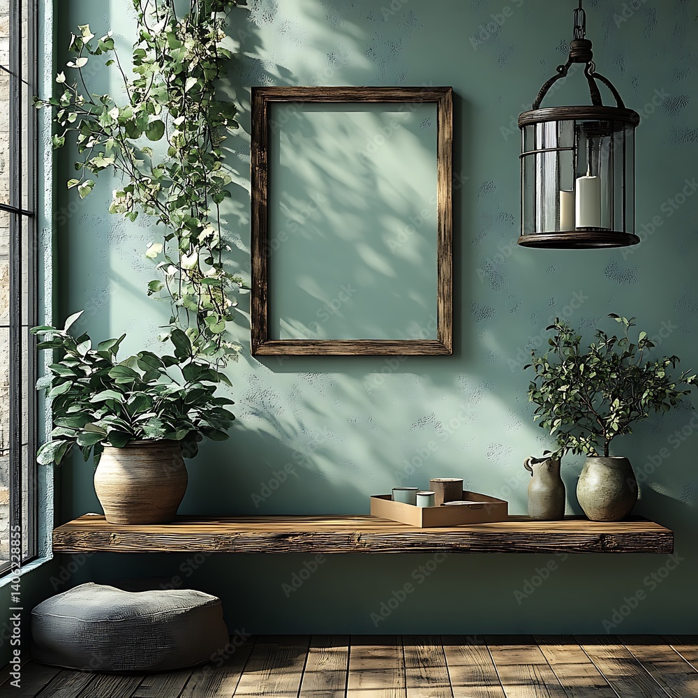 Serene Interior Decor with Natural Light, Plants, Wooden Shelf, Picture Frame, and Lantern for Relaxing Ambiance.