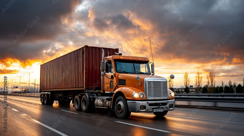 Semi-truck hauling cargo on highway at sunset Semi-truck hauling cargo on highway at sunset
