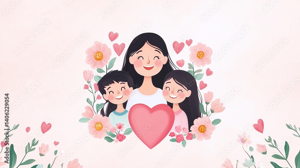 Smiling mother with two children surrounded by pink flowers and hearts, cute cartoon family illustration on pastel background Smiling mother with two children surrounded by pink flowers and hearts, cute cartoon family illustration on pastel background