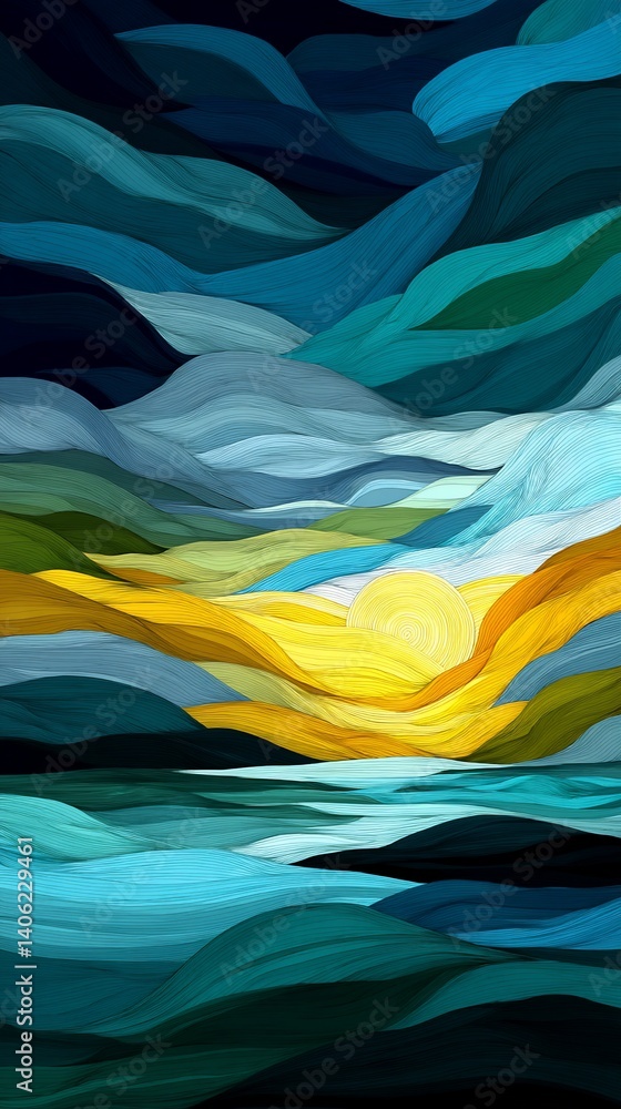 Serene sunset over layered, abstract hills and calm water