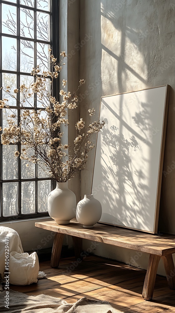 Serene interior featuring a blank frame, rustic wooden bench, elegant vases, dried floral arrangement, and soft light through a window.