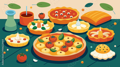 A mini pizza party with personalsized pizzas loaded with various toppings and accompanied by a side of garlic knots making for a fun and tasty lunch. Vector illustration