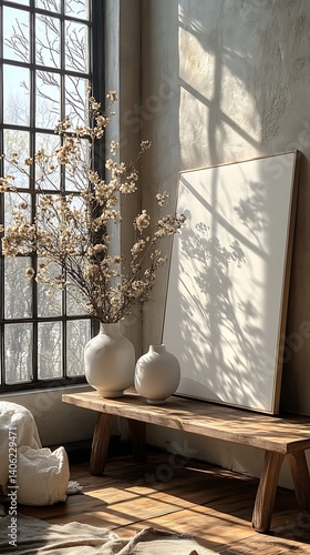 Obraz na płótnie Serene interior featuring a blank frame, rustic wooden bench, elegant vases, dried floral arrangement, and soft light through a window. w salonie