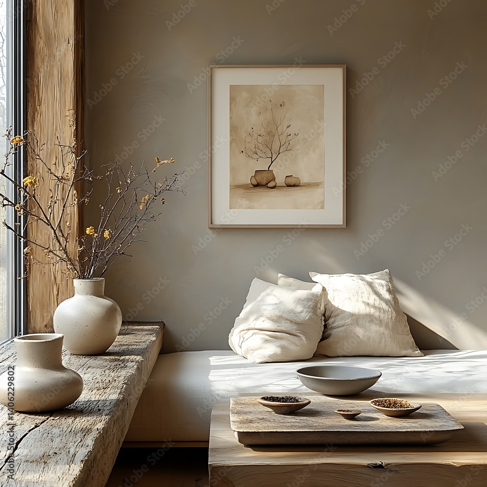 Serene interior featuring natural light, pottery, artwork, wood textures, and soft pillows creating a calming and inviting ambiance.