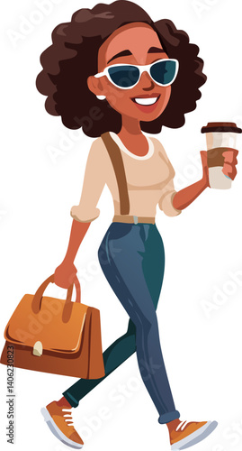 Smiling businesswoman walking and holding coffee and bag