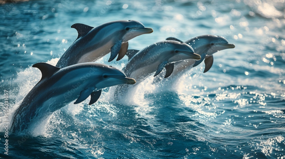 Fototapeta premium Silver dolphins jumping in the azure ocean