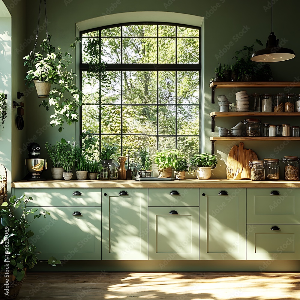 Serene kitchen interior featuring natural light, verdant plants, and wooden elements for a peaceful and inviting atmosphere.