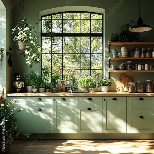 Obraz na płótnie Serene kitchen interior featuring natural light, verdant plants, and wooden elements for a peaceful and inviting atmosphere. w salonie