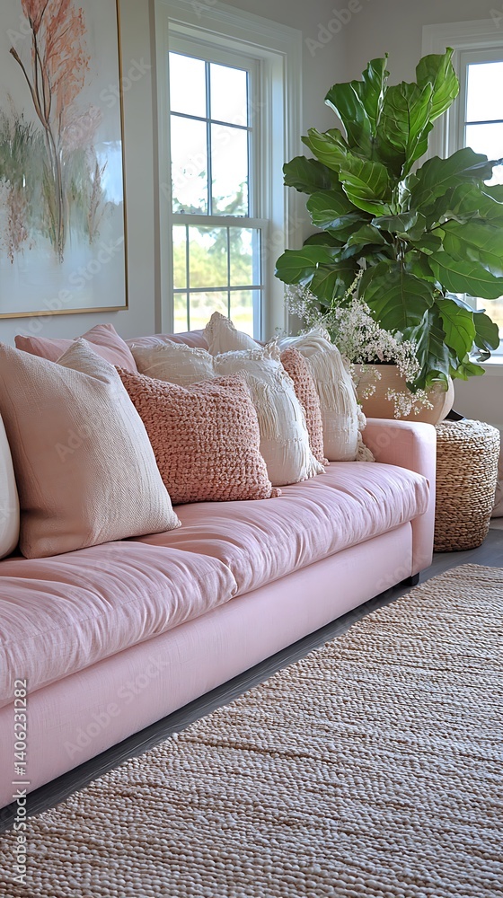 Serene Living Room Featuring a Stylish Pink Sofa, Comfortable Cushions, Natural Light, Elegant Art, and a Large Potted Plant.