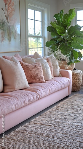 Obraz na płótnie Serene Living Room Featuring a Stylish Pink Sofa, Comfortable Cushions, Natural Light, Elegant Art, and a Large Potted Plant. w salonie
