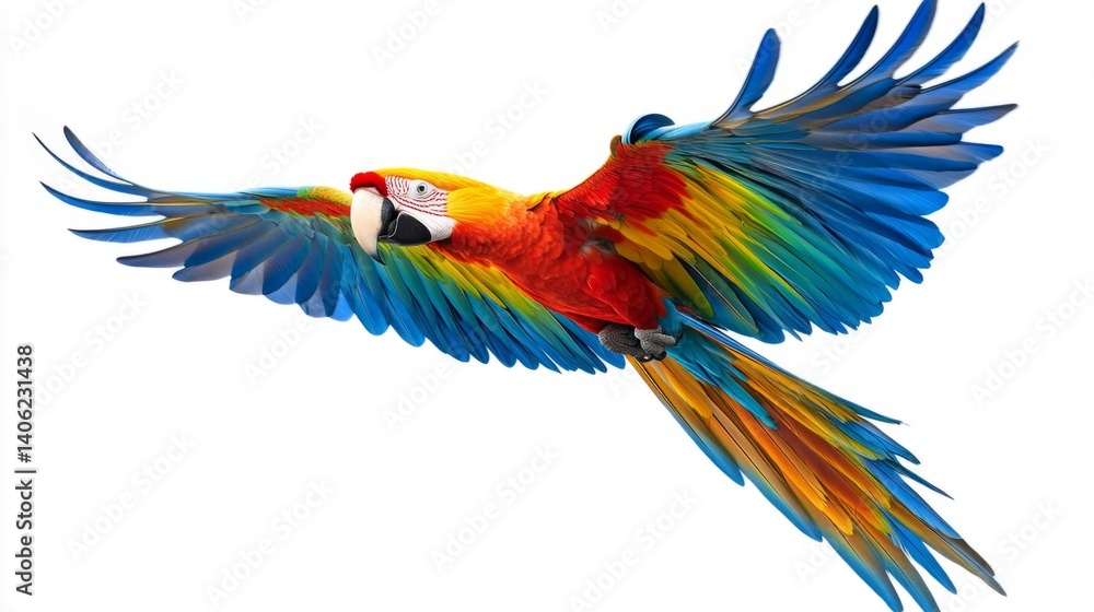 Fototapeta premium Vibrant Macaw in Flight Against White Background