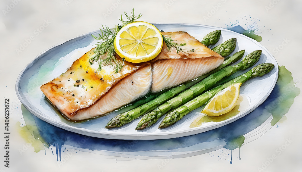 A flaky piece of baked salmon rests on a bed of green asparagus spears on a white plate, drizzled with oil and herbs
