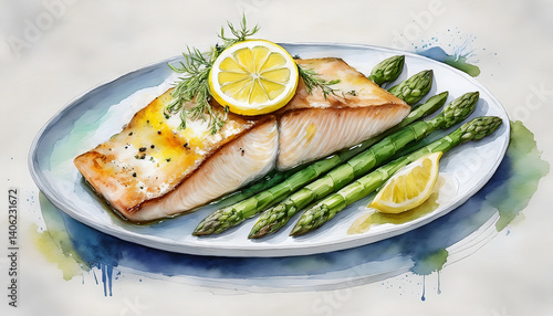 Obraz na płótnie A flaky piece of baked salmon rests on a bed of green asparagus spears on a white plate, drizzled with oil and herbs w salonie