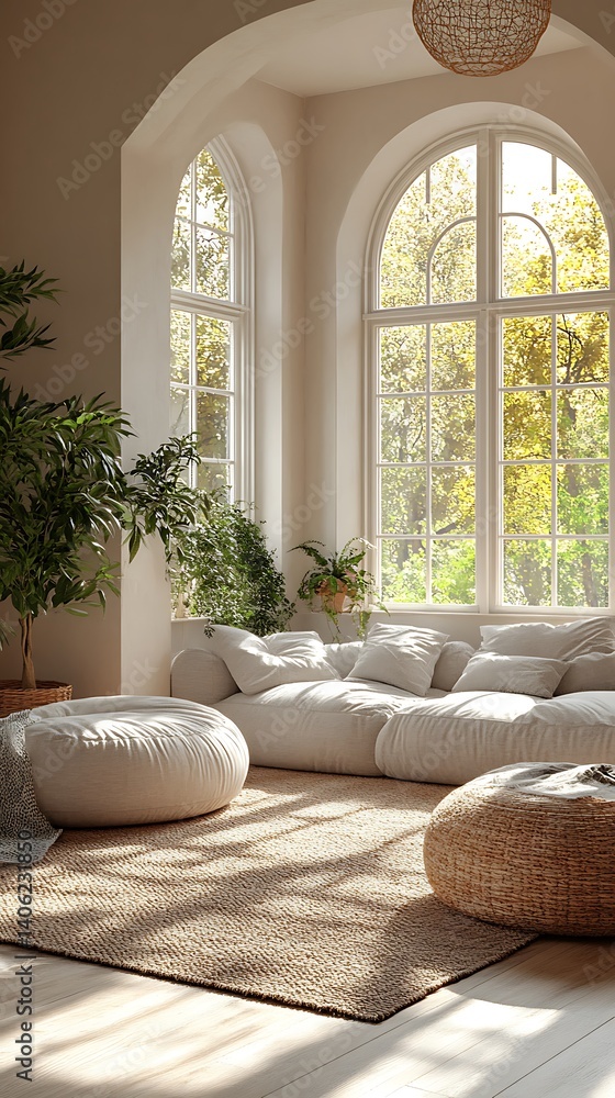Serene Living Space with Natural Light, Comfortable Sofa, Plants, and Woven Rug Creating a Peaceful and Relaxing Ambiance.