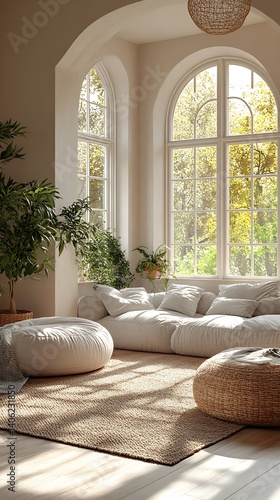Serene Living Space with Natural Light, Comfortable Sofa, Plants, and Woven Rug Creating a Peaceful and Relaxing Ambiance.