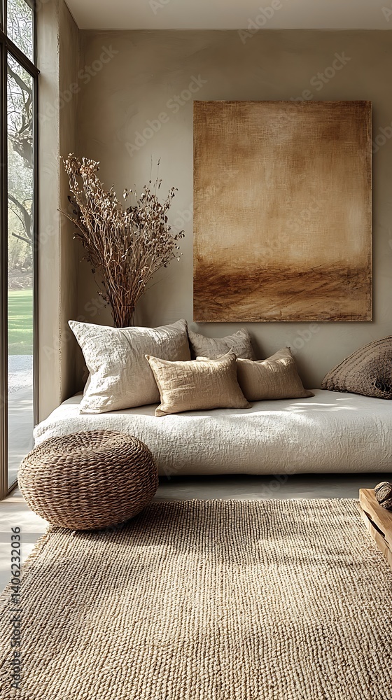Serene minimalist living space featuring comfortable seating, textural elements, natural light, and an earthy color palette for relaxation.