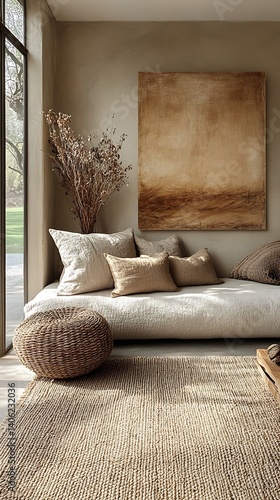 Obraz na płótnie Serene minimalist living space featuring comfortable seating, textural elements, natural light, and an earthy color palette for relaxation. w salonie
