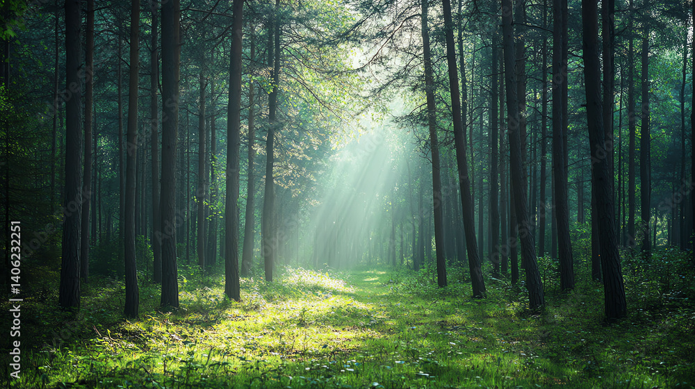 Obraz premium Sunlit Path Through a Mystical Forest Nature Photography