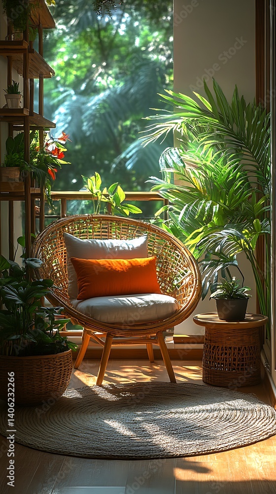 Serene Relaxation Nook: Rattan Chair, Lush Greenery, and Natural Light Creating a Cozy Indoor Oasis for Calm and Peaceful Moments.