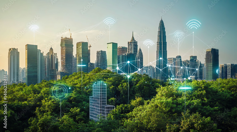 Obraz premium Sustainable Futuristic City Green Technology and Urban Development