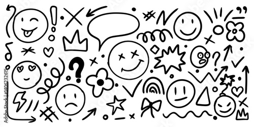 A black hand drawing of various doodle scribble faces and symbols. Scene is playful and whimsical