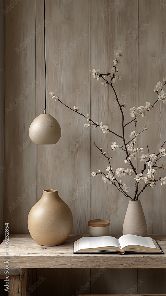 Serene Still Life: Neutral Tones Featuring Blossom Branches, Rustic Wood, Ceramic Vases, Open Book, and Soft Pendant Lighting.